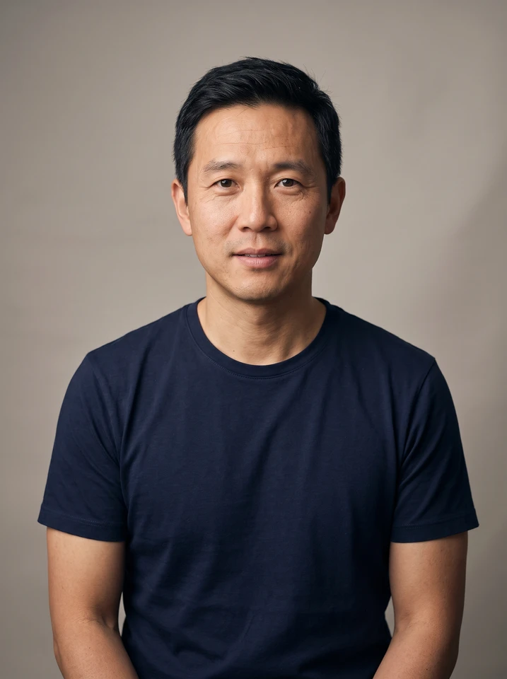 Original seated portrait in a navy shirt